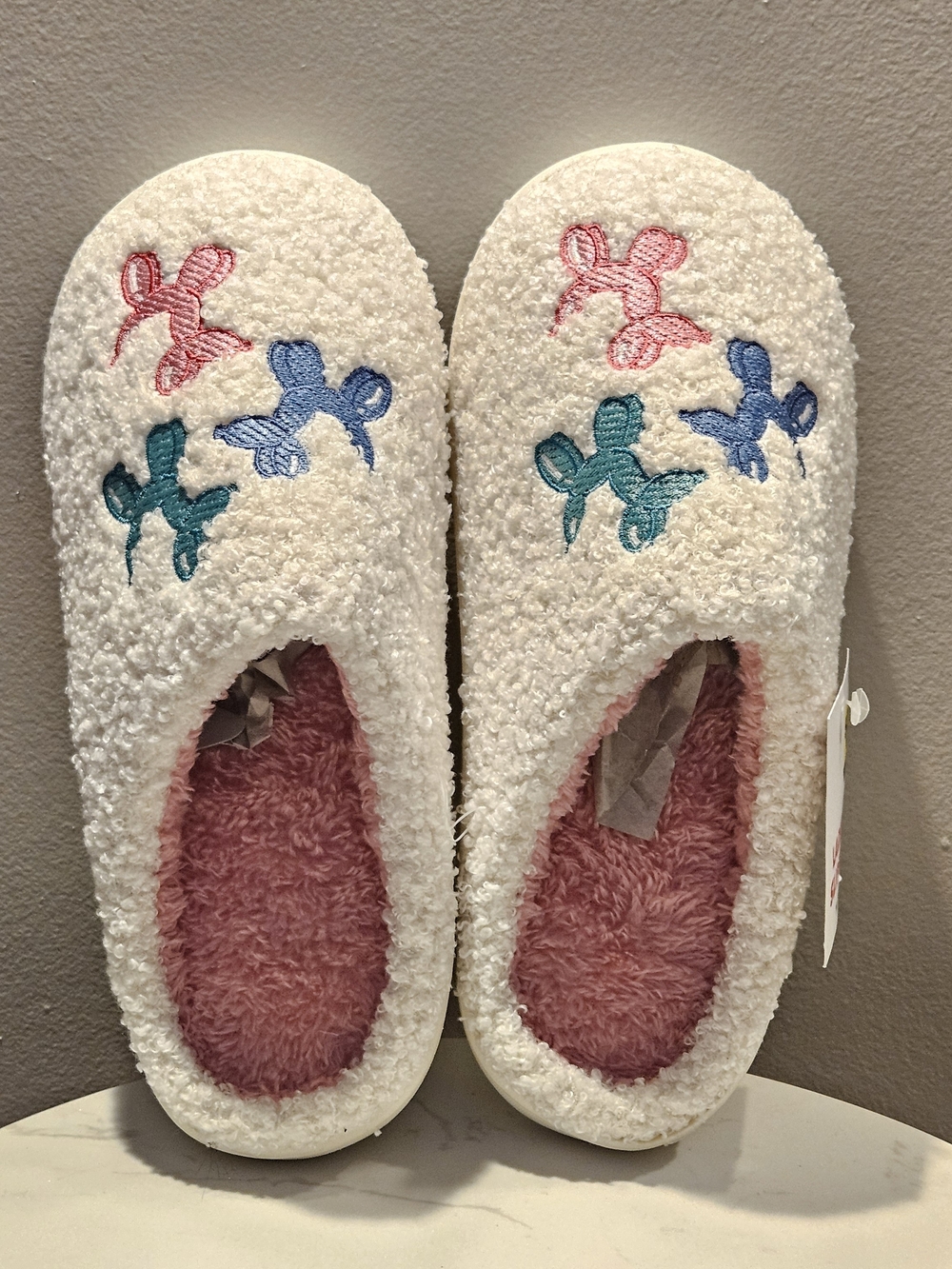 Womens Cozy Plush Slippers with Colorful Embroidery - White/Pink